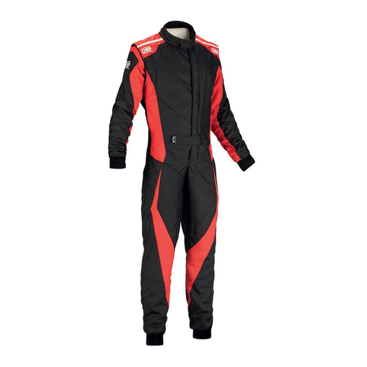 Front view of OMP TECNICA EVO kart racing suit in black and red with aerodynamic fit, lightweight fabric, and bold racing design.