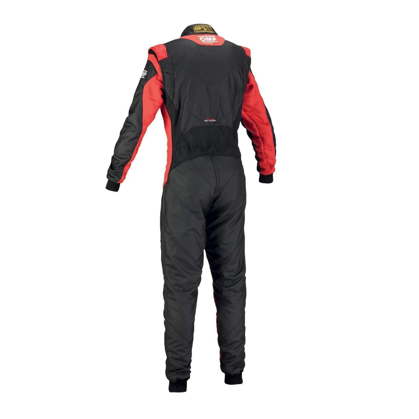 Back view of OMP TECNICA EVO kart racing suit black and red edition showing reinforced seams, stretch zones, and sleek racer styling.