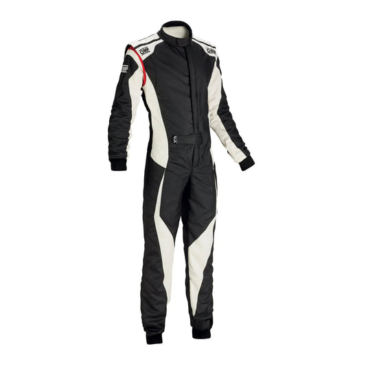 OMP TECNICA EVO Kart Racing Suit - Black / White racing suit on a white background