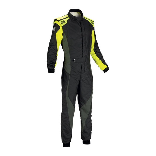 Black and yellow racing suit on a white background. Front view of OMP TECNICA EVO kart racing suit in black and yellow design with aerodynamic fit and lightweight karting style.
