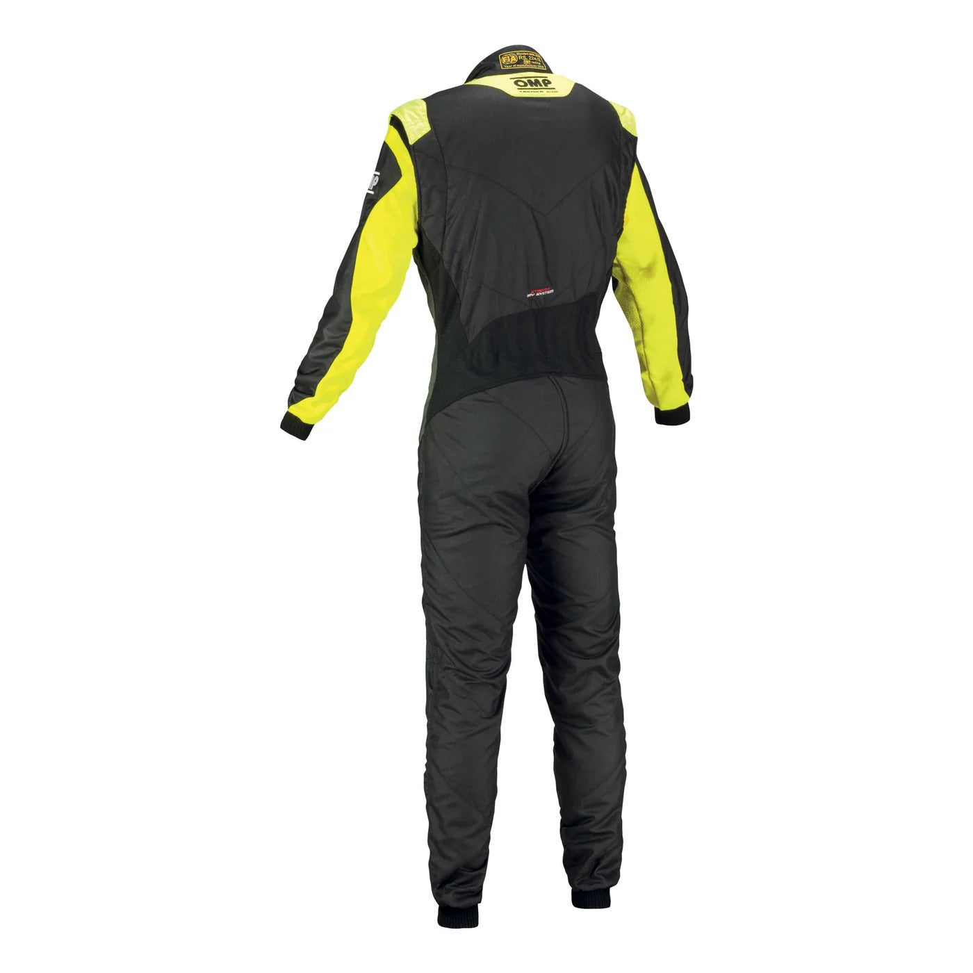 Black and yellow racing suit on a white background.Back view of OMP TECNICA EVO kart racing suit, black and yellow, showing reinforced seams, stretch zones, and racer comfort.