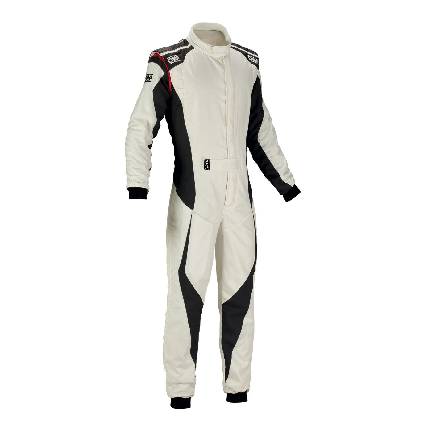 Front view of OMP TECNICA EVO kart racing suit in white color featuring clean design, ergonomic fit, and advanced karting performance.