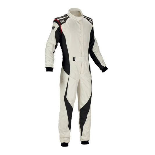 Front view of OMP TECNICA EVO kart racing suit in white color featuring clean design, ergonomic fit, and advanced karting performance.