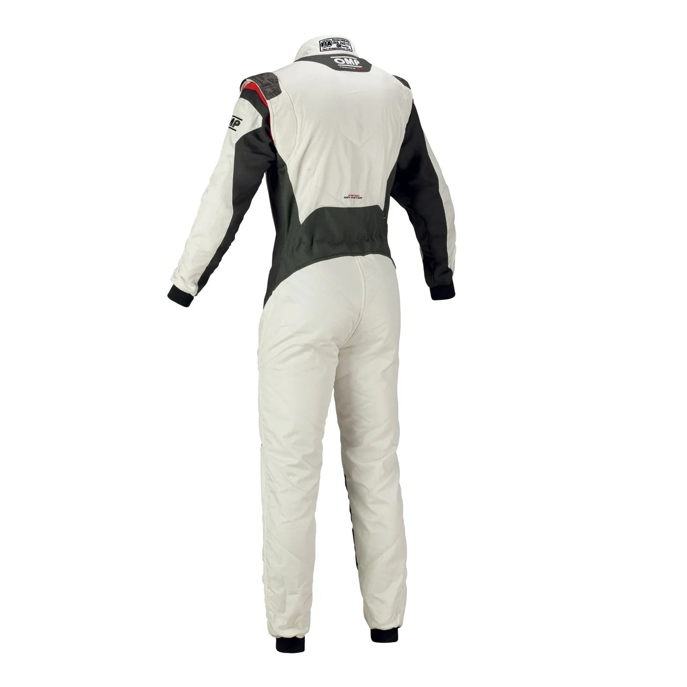 Back view of OMP TECNICA EVO kart racing suit white edition showing reinforced stitching, stretch comfort zones, and modern styling.
