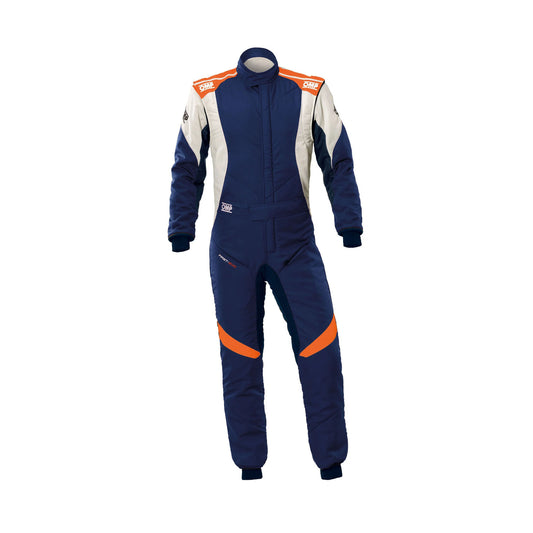 A blue racing suit with orange and white accents, featuring a full zipper and elasticated cuffs, designed for motorsport activities.