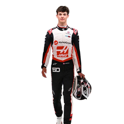 oliver wearing a racing suit with visible branding on a white background