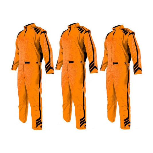 Three orange racing suits for go karting, displayed frontally, featuring black accents and a full zip design.