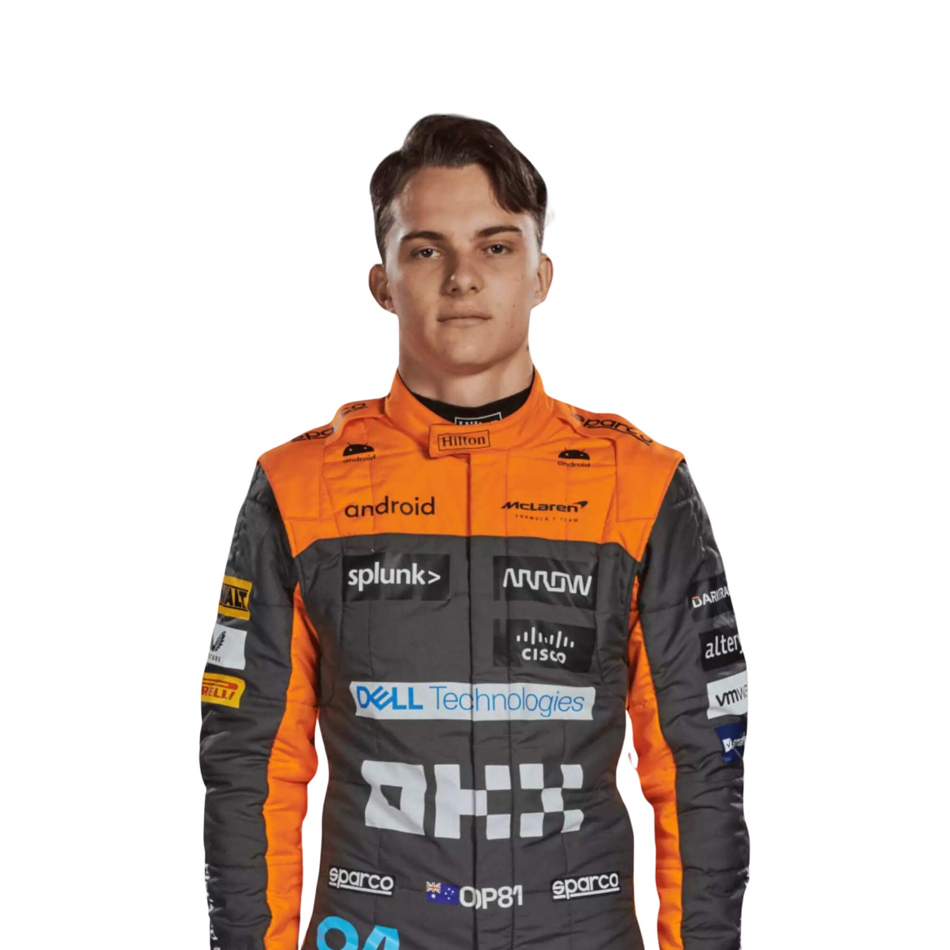 Close-up of the 2023 race suit highlighting premium stitching, vibrant sponsor patches, and breathable fabric mesh zones.