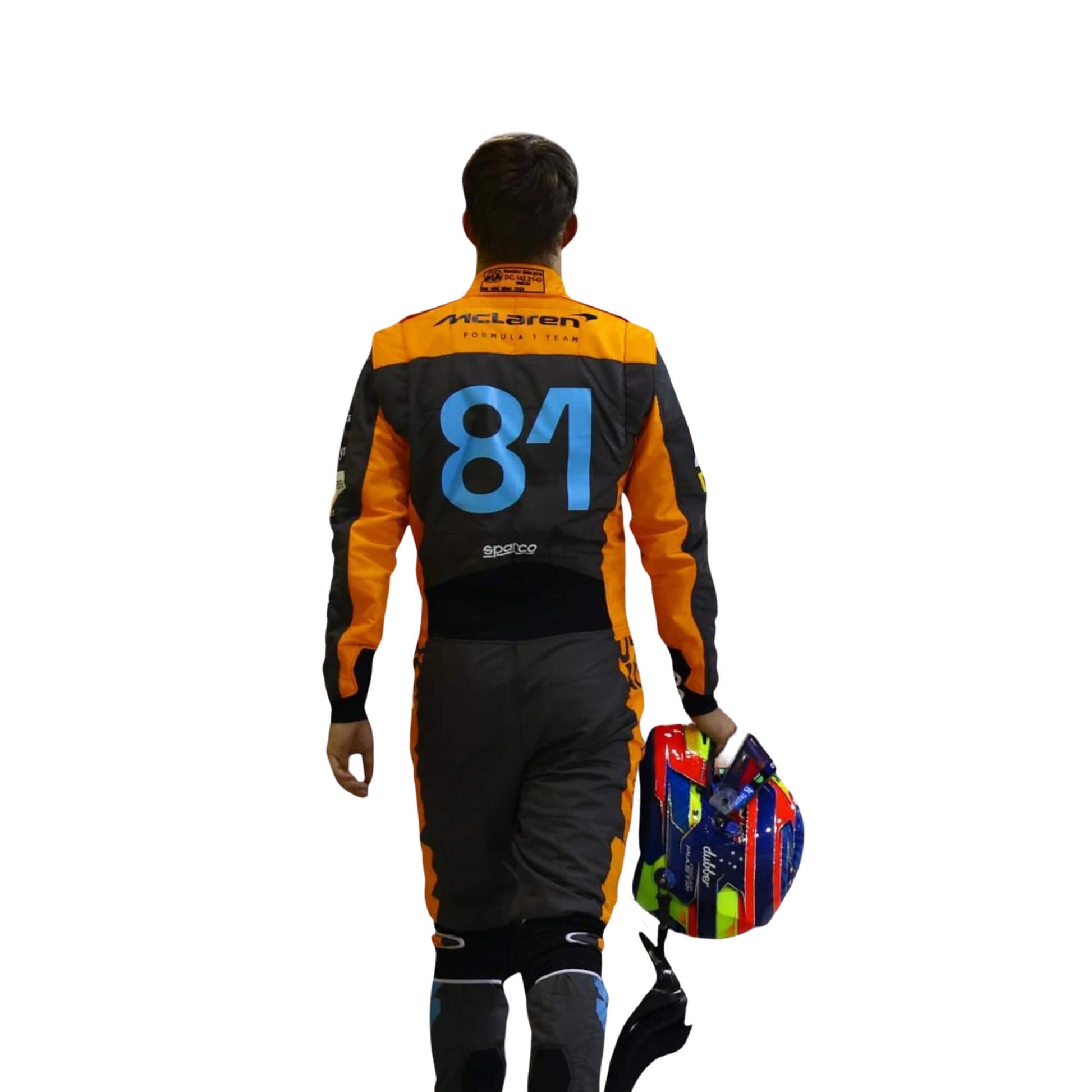 Rear view of Oscar Piastri’s 2023 race suit displaying signature elements and sleek design lines suited for high-speed performance.

