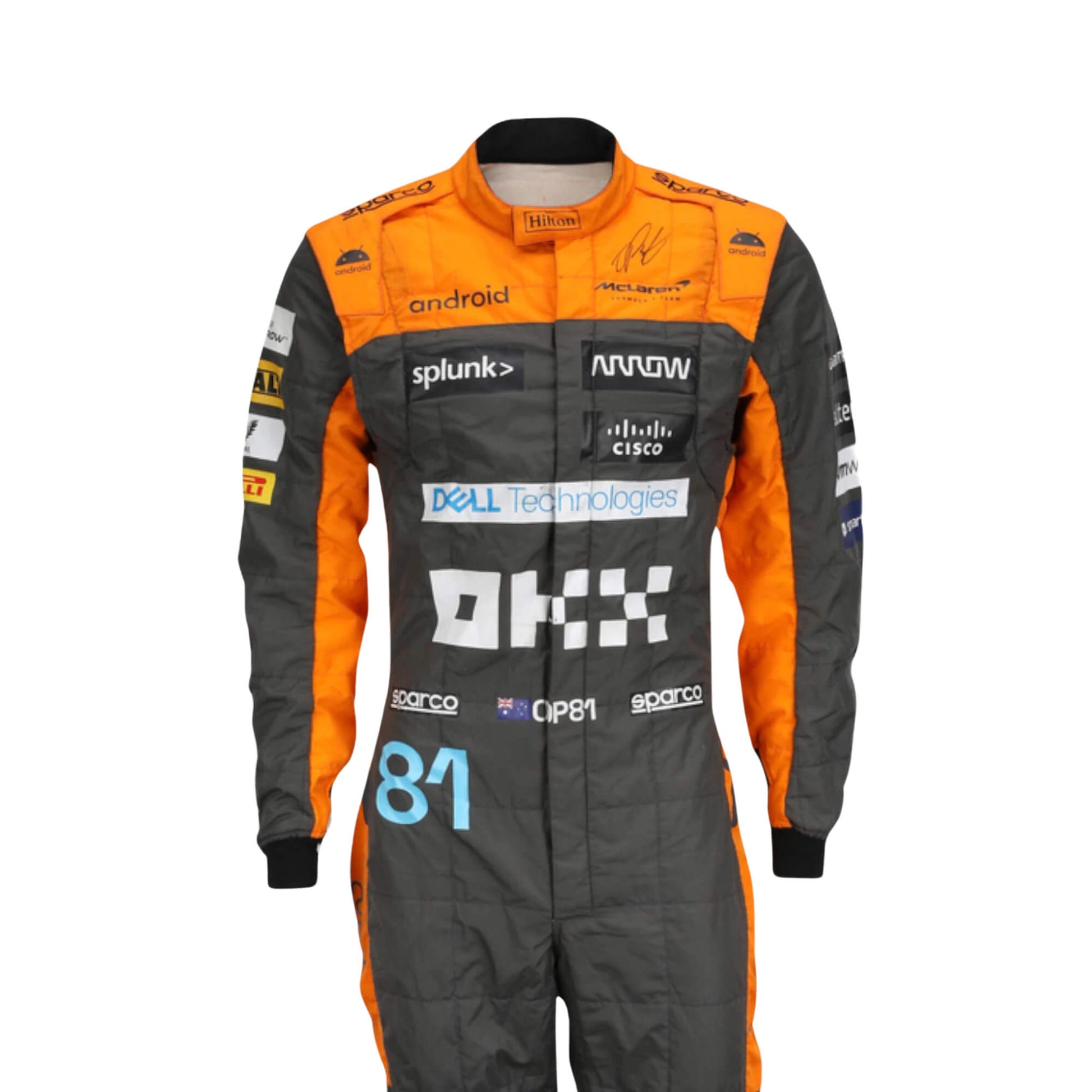 Close-up of the 2023 race suit highlighting premium stitching, vibrant sponsor patches, and breathable fabric mesh zones.