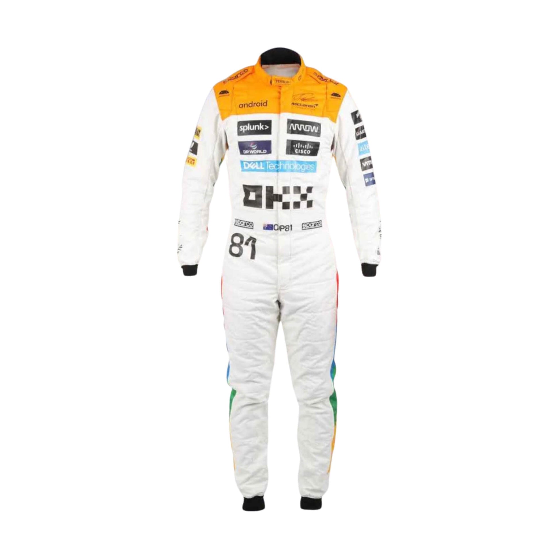 Oscar Piastri’s 2023 Silverstone racing suit featuring a dynamic layout with national flag elements and performance-driven design aesthetics.