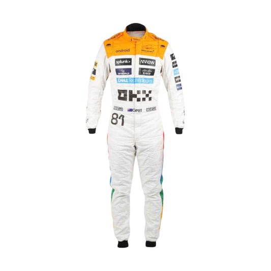 Oscar Piastri’s 2023 Silverstone racing suit featuring a dynamic layout with national flag elements and performance-driven design aesthetics.