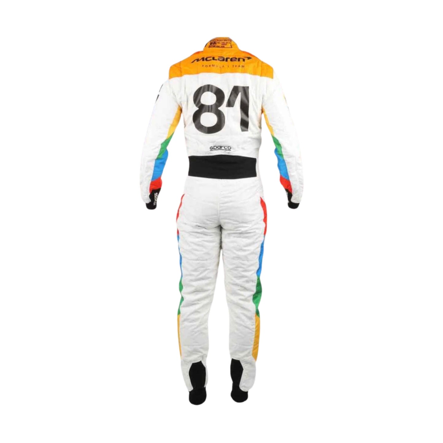 Rear angle of the 2023 Silverstone F1 suit worn by Oscar Piastri, displaying bold graphics and custom driver detailing.