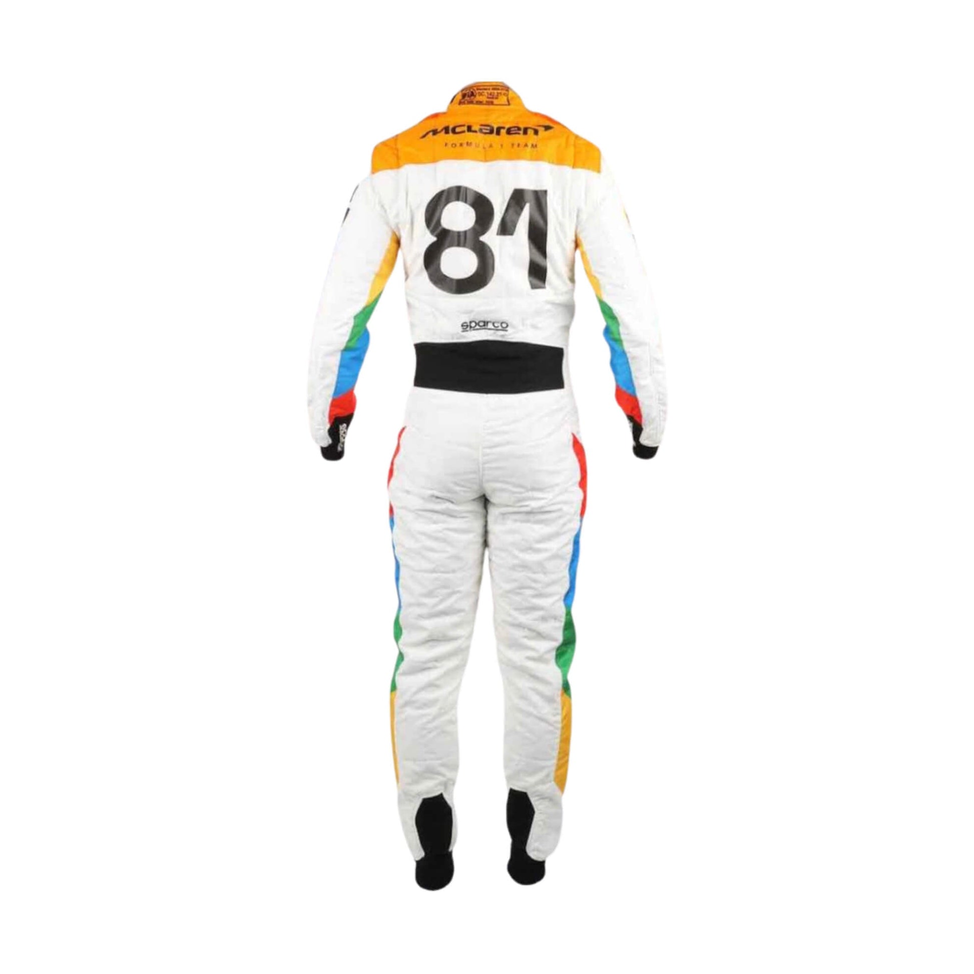 Rear angle of the 2023 Silverstone F1 suit worn by Oscar Piastri, displaying bold graphics and custom driver detailing.