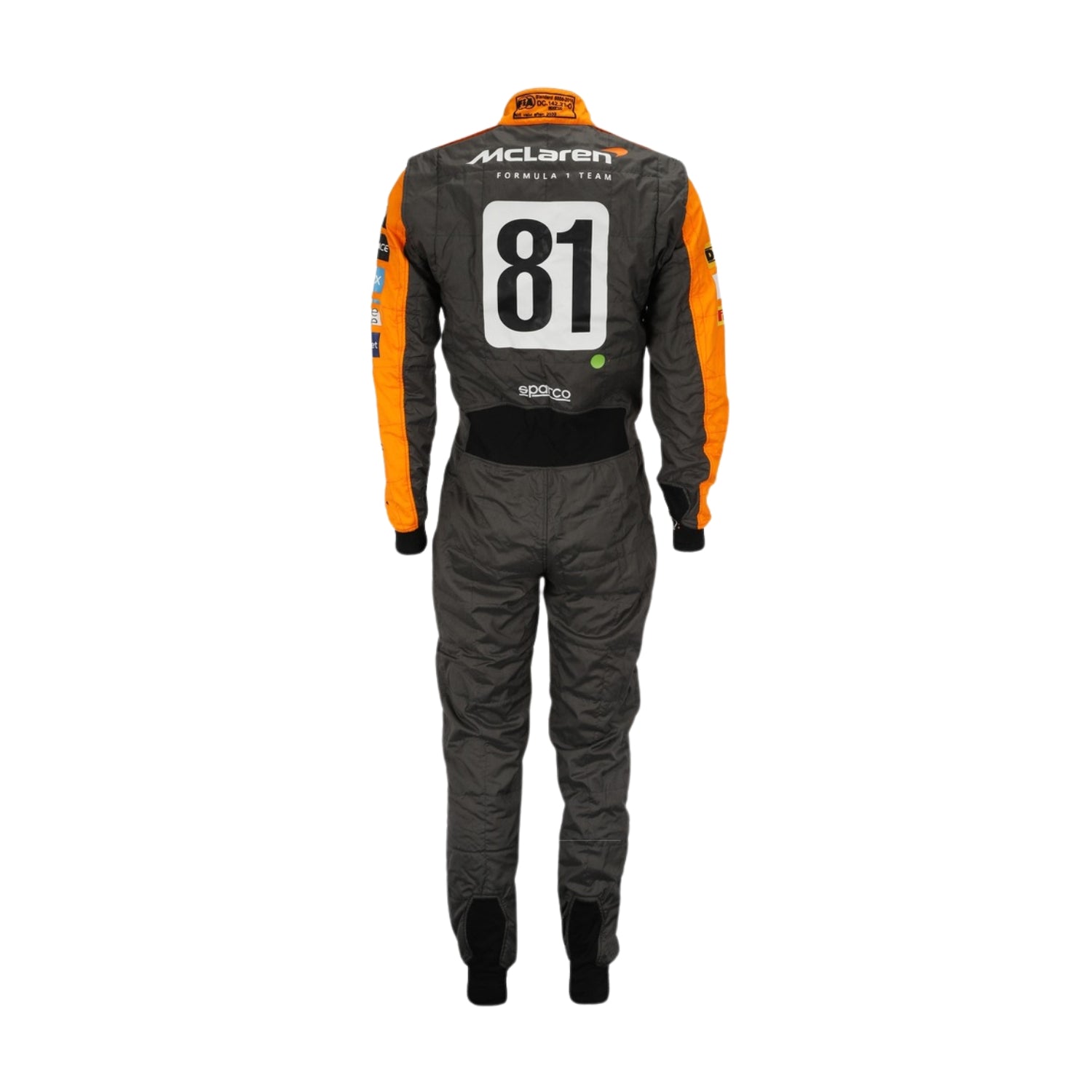 Rear view of Piastri's 2023 F1 racing suit from the Spanish Grand Prix, showcasing his name and race number with commemorative crown graphics.
