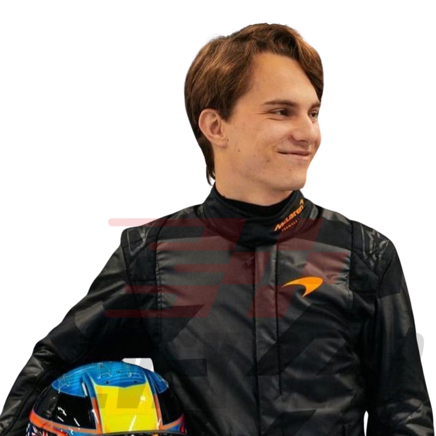 Close-up of  Piastri holding custom-designed helmets — Piastri with a high-gloss blue-yellow-red helmet—contrasting the matte black suit.