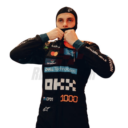Close up View of Oscar Piastri wearing a McLaren Monaco GP F1 racing suit with various sponsor logos - Revex Gear
