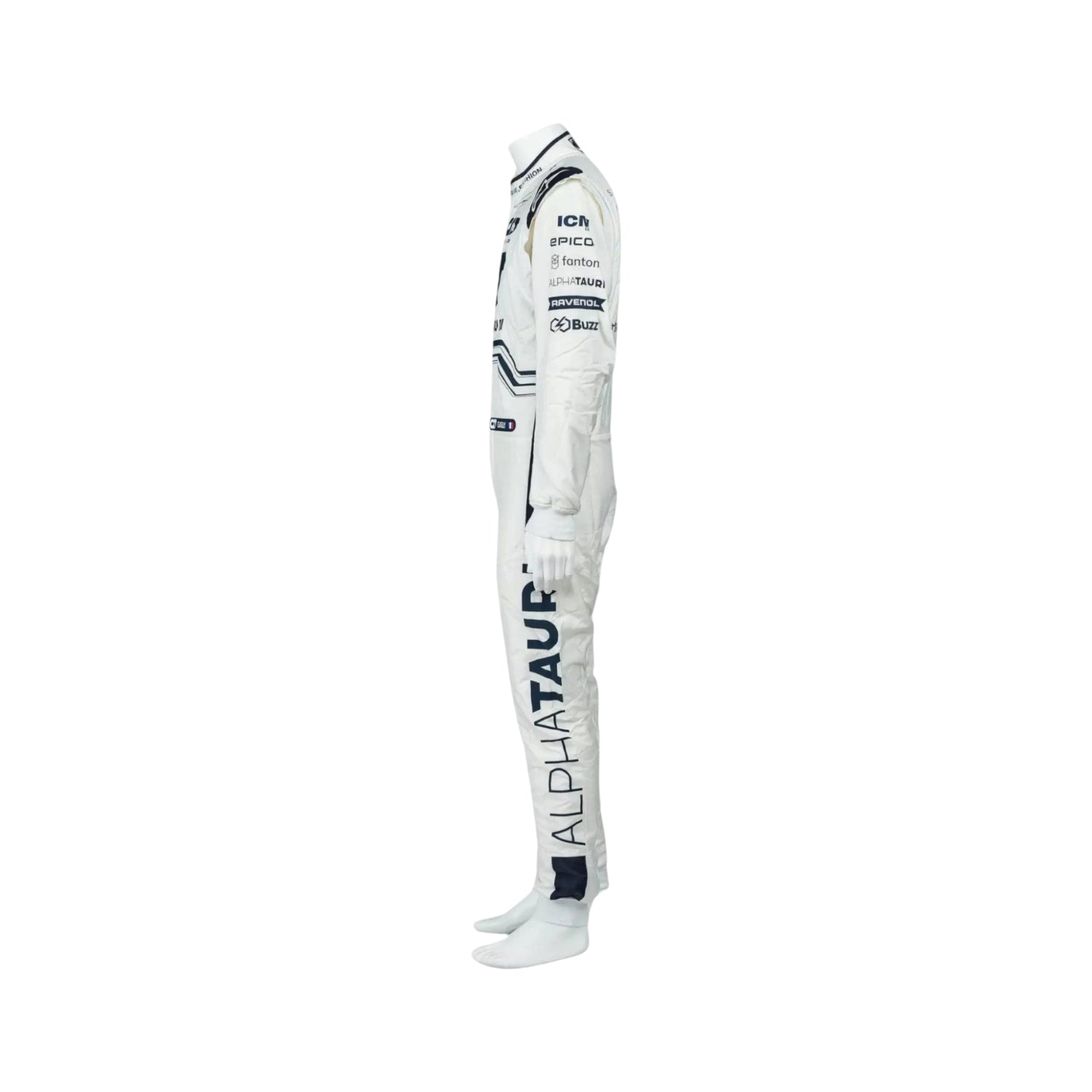 Pierre Gasly 2022 F1 costume side view, emphasizing the sleek tailoring and brand logos.
