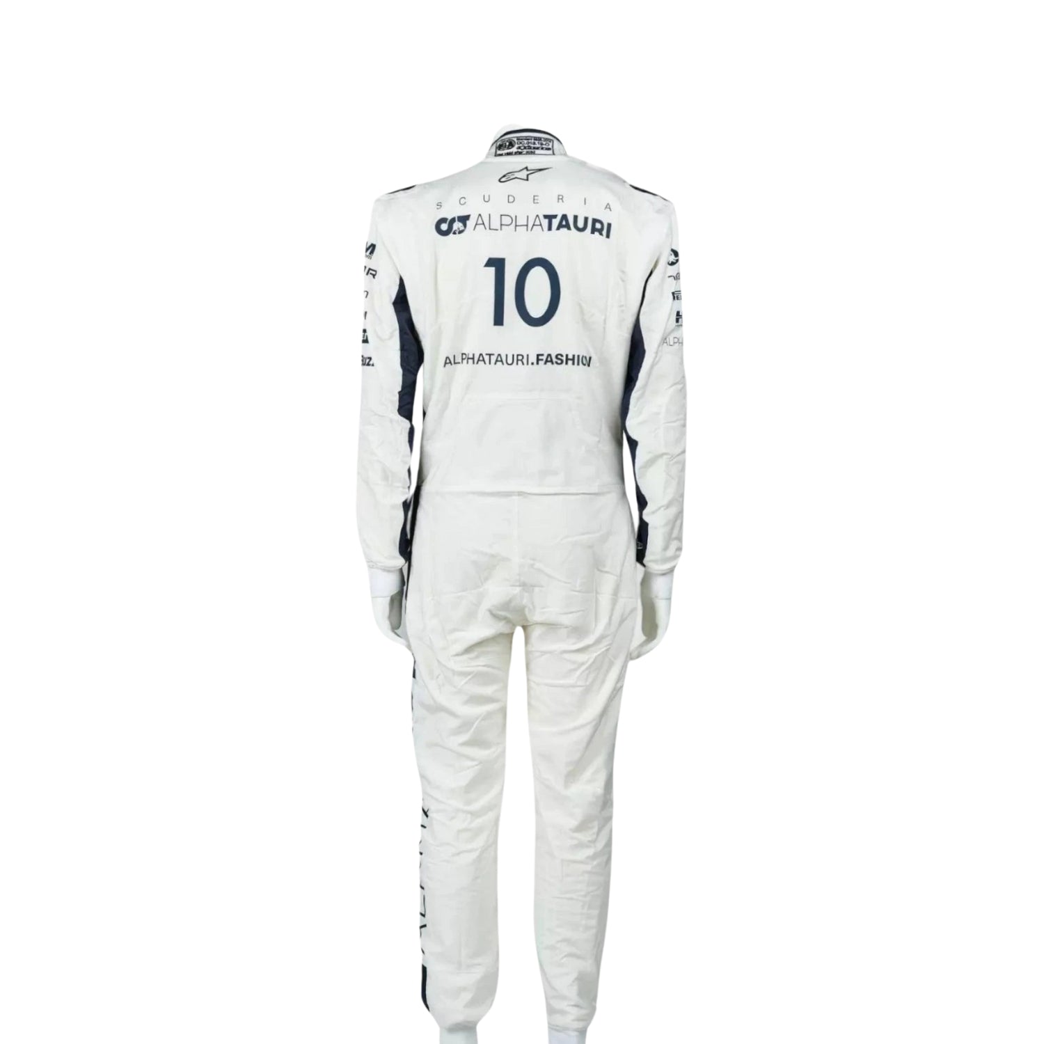 Pierre Gasly 2022 F1 Racing Suit, detailed front and rear view showcasing sponsor logos, premium fabric, and aerodynamic fit designed for high-performance racing.


