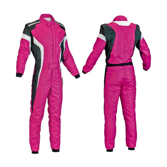 A vibrant pink karting race outfit, with white and black accents, displayed frontally and rearly.