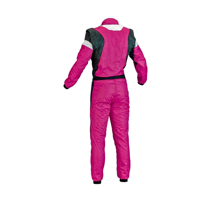 Back View of pink karting race outfit featuring lightweight breathable fabric, secure zip closure, stretch panels for comfort and matching gloves & belt – custom name option available.