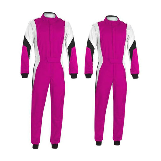 Front and back view of a pink and white Cordura one-piece go-kart race suit with a full zip and elasticated cuffs.