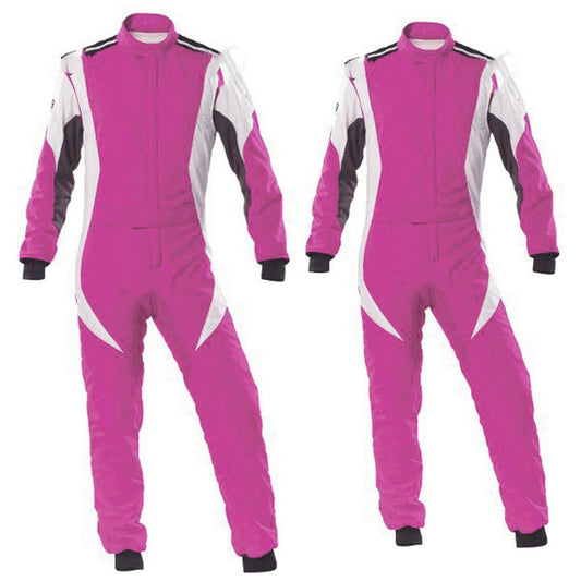 A pink and white race suit for kart racing, displayed in two views, showing the front and back.