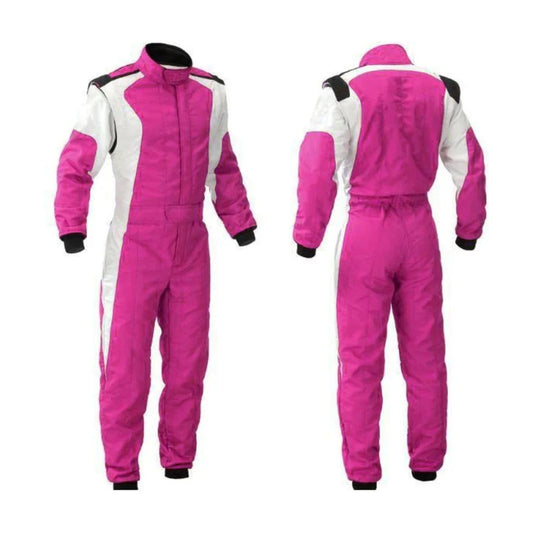 A front and back view of a pink and white go-kart driver racing costume with a full zip, elasticated cuffs, and a fine collar with Velcro.