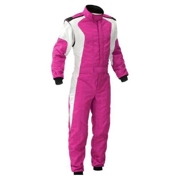 Front View of Pink and White Go-Kart Driver Racing Costume – Premium Lightweight Karting Suit