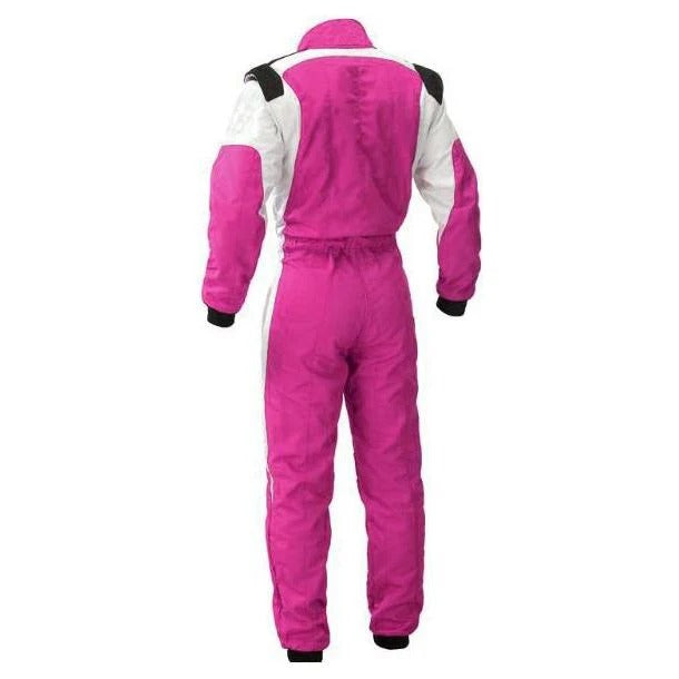 Back View of Pink and White Go-Kart Driver Racing Costume – Premium Lightweight Karting Suit