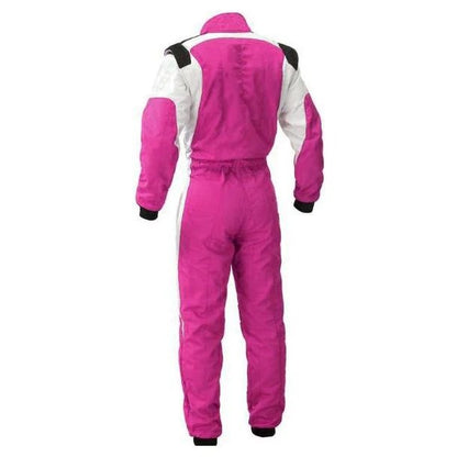 Back View of Pink and White Go-Kart Driver Racing Costume – Premium Lightweight Karting Suit