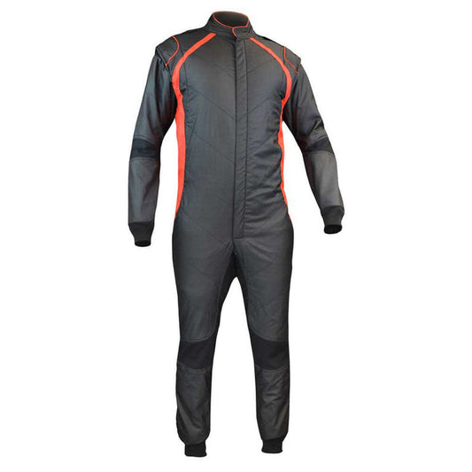 A plain black go-kart racing outfit with red accents, featuring a full zip and elasticated cuffs, displayed on a white background.