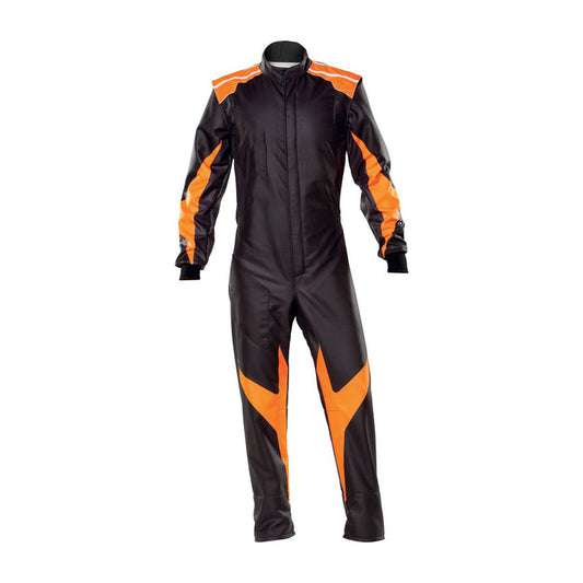 A plain black go kart racing outfit with red accents, including a full zip and elasticated cuffs, displayed on a white background.