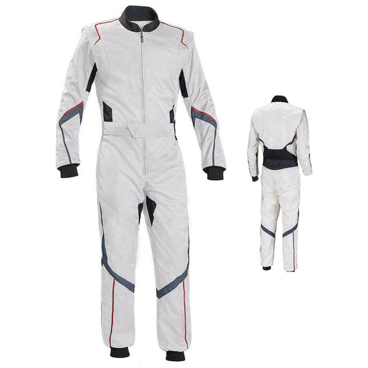 A plain white go-kart racing outfit with red and black accents, displayed in front and back views.