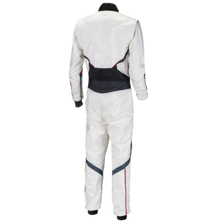 Back view of plain white go-kart racing outfit featuring lightweight breathable fabric, secure zip closure, stretch panels for comfort and matching gloves & belt – custom name option available.