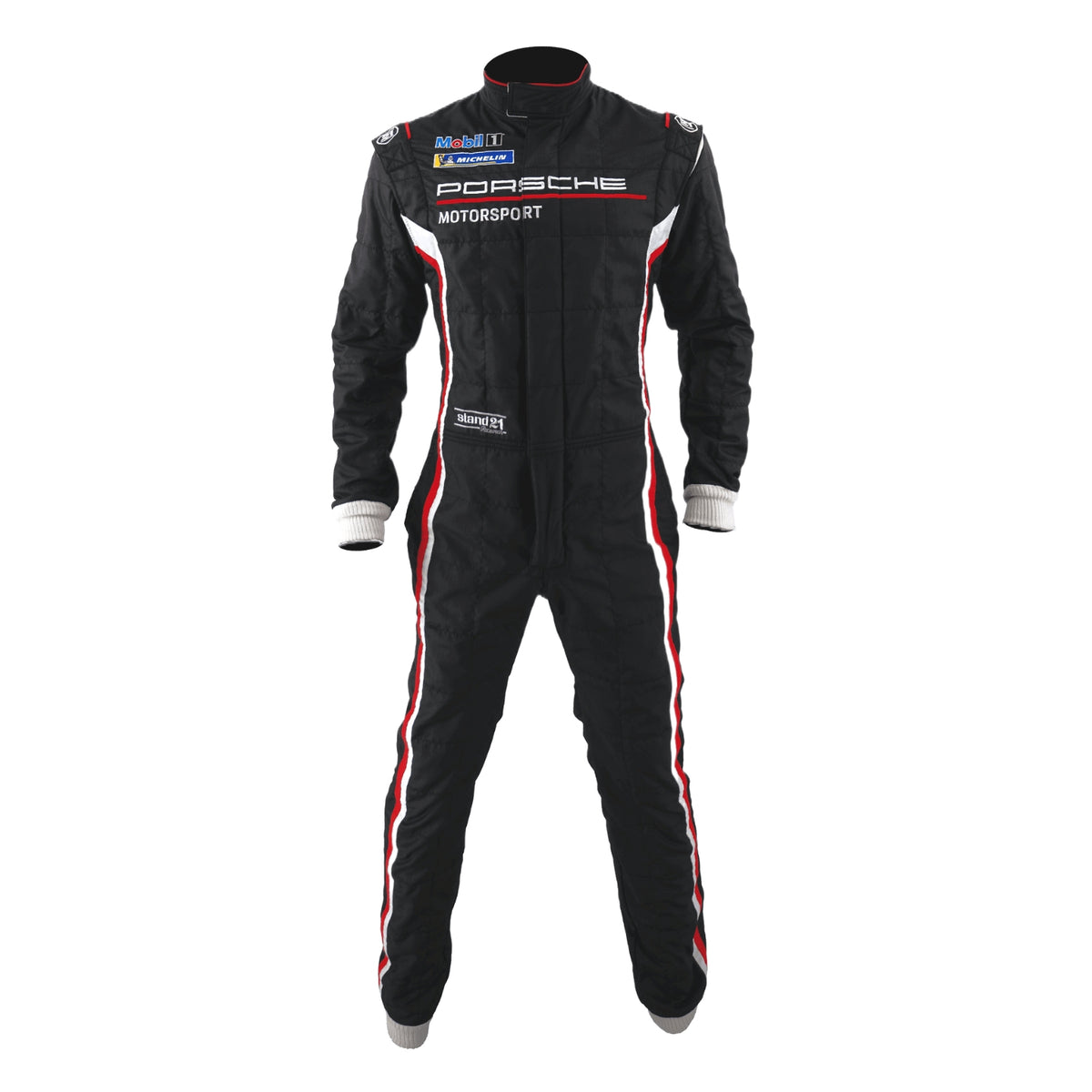 Black Porsche Motorsport racing suit with red and white stripes, shown on a model wearing a white racing helmet and black gloves