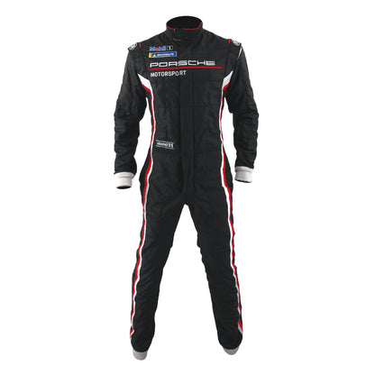 Black Porsche Motorsport racing suit with red and white stripes, shown on a model wearing a white racing helmet and black gloves