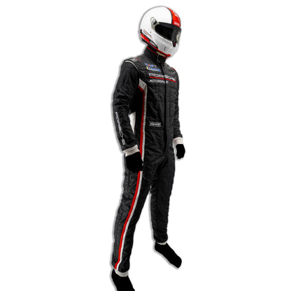Black Porsche Motorsport racing suit with red and white stripes, shown on a model wearing a white racing helmet and black gloves