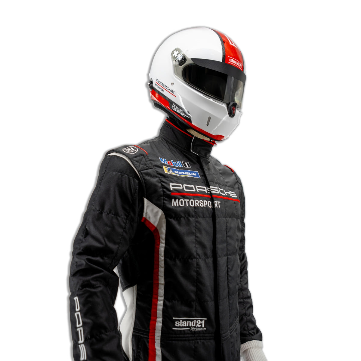 Black Porsche Motorsport racing suit with red and white stripes, shown on a model wearing a white racing helmet and black gloves