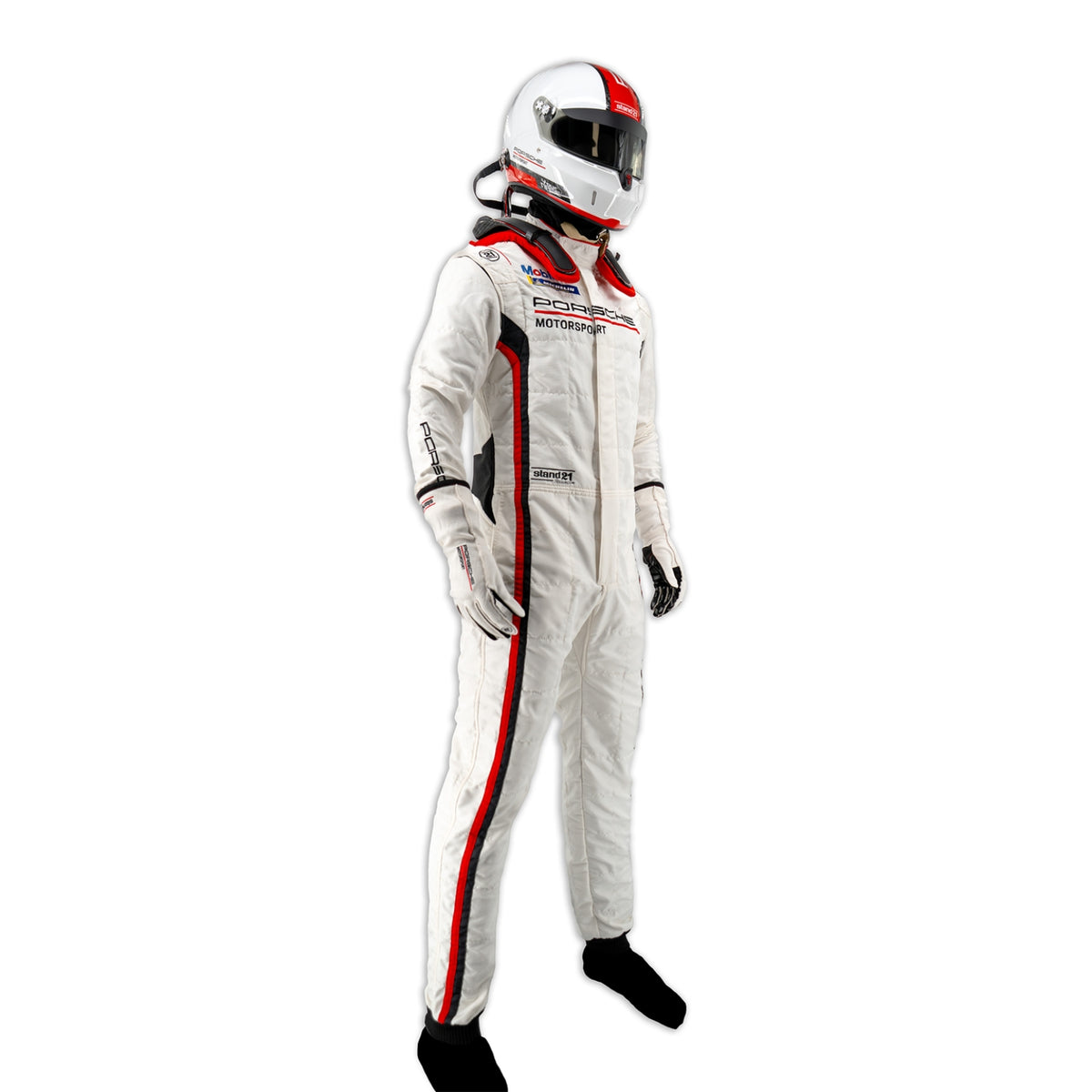 White Porsche Motorsport racing suit with red and black stripes, shown on a model wearing a white racing helmet and gloves
