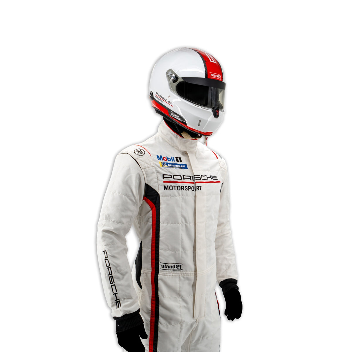 White Porsche Motorsport racing suit with red and black stripes, shown on a model wearing a white racing helmet and gloves