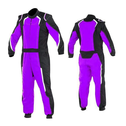 A purple and black custom go-kart racing suit displayed from the front and back, with a full zip and elasticated cuffs.
