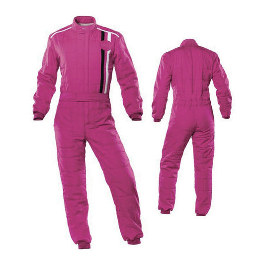 A pink race suit for kart racing, with a full zip, elasticated cuffs, and a fine collar with Velcro.