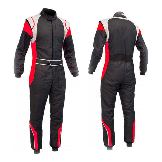 A front and back view of a black karting suit with red and white accents, featuring a full zip, elasticated cuffs, and a fine collar with Velcro.