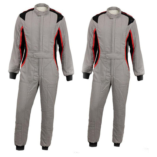 A pair of gray racing suits for go-karting, featuring red and black accents, a full zip, elasticated cuffs, and a fine collar with Velcro.