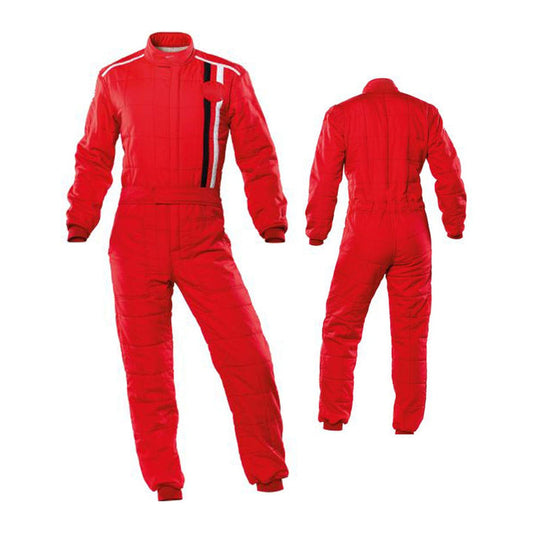 A red racing suit for kart race, displayed from front and back, with a full zip and elasticated cuffs.