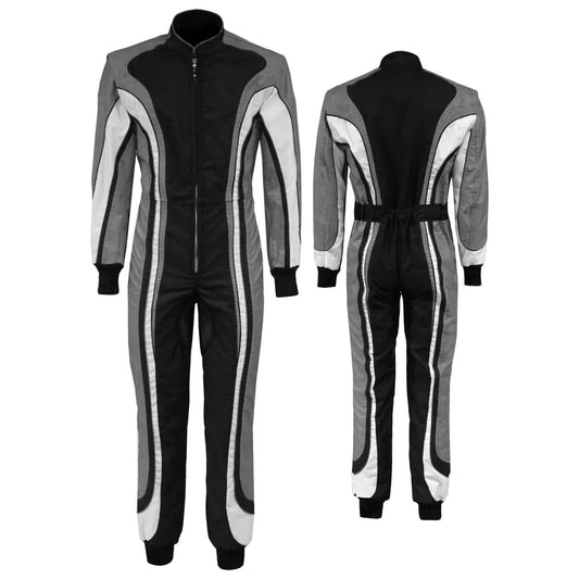 A Racing Suit for Go Kart in black and gray, displayed from the front and back, with a full zip and elasticated cuffs, among other features.