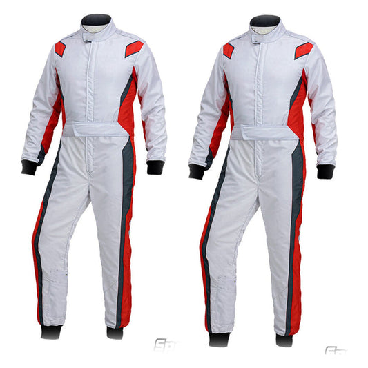 A pair of white racing suits with red and gray accents, designed for karting, displayed frontally with a mannequin torso.