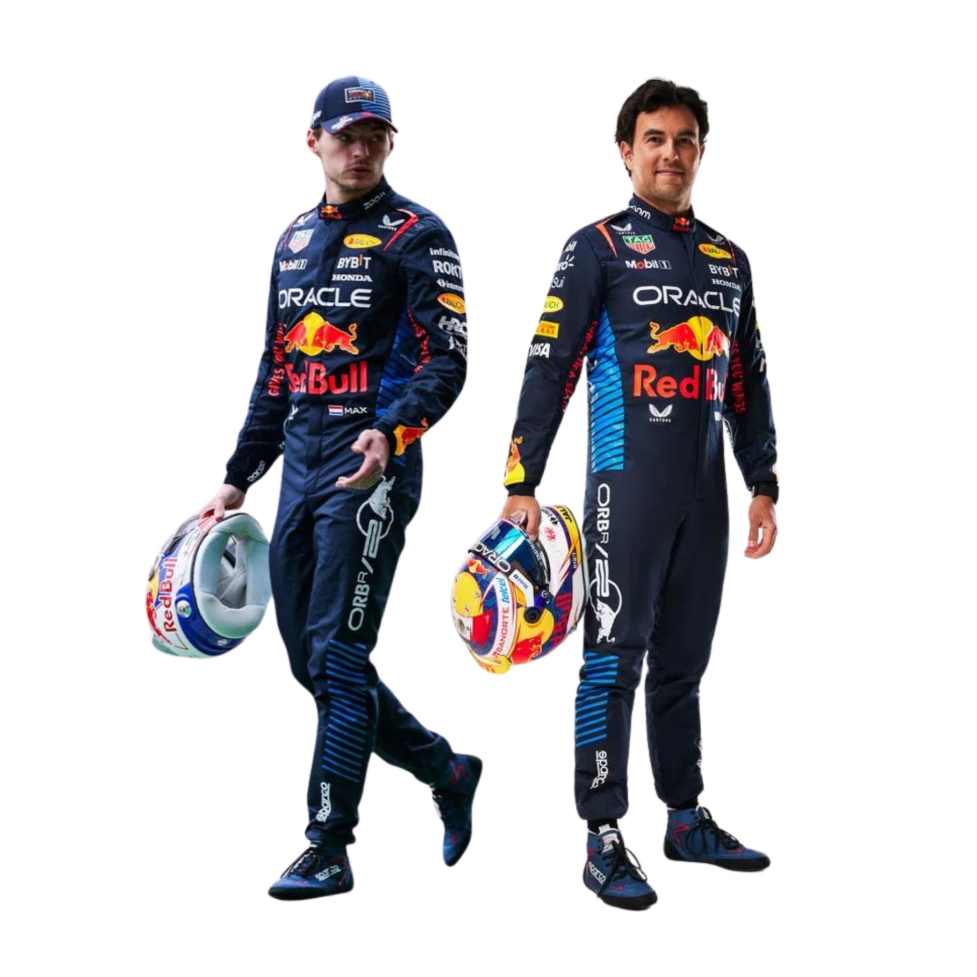 2024 Red Bull F1 Race Suit Front View, Navy Blue Design with Red Bull and Oracle Logos, Worn by Max Verstappen and Sergio Perez