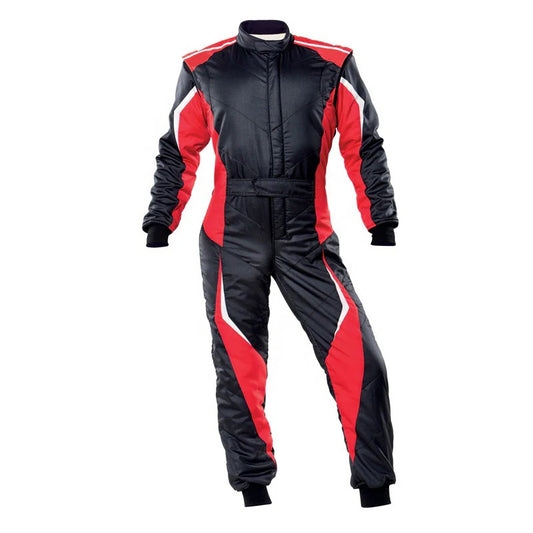 A red and black custom go-kart racing suit with a full zip, elasticated cuffs, and a fine and soft collar with Velcro.